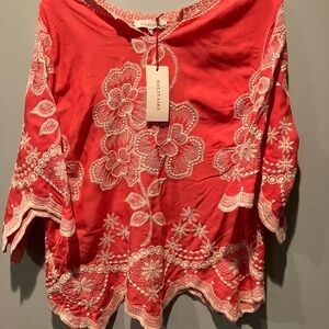 Solitaire embroidered tunic; “coral” is the color on the tag
